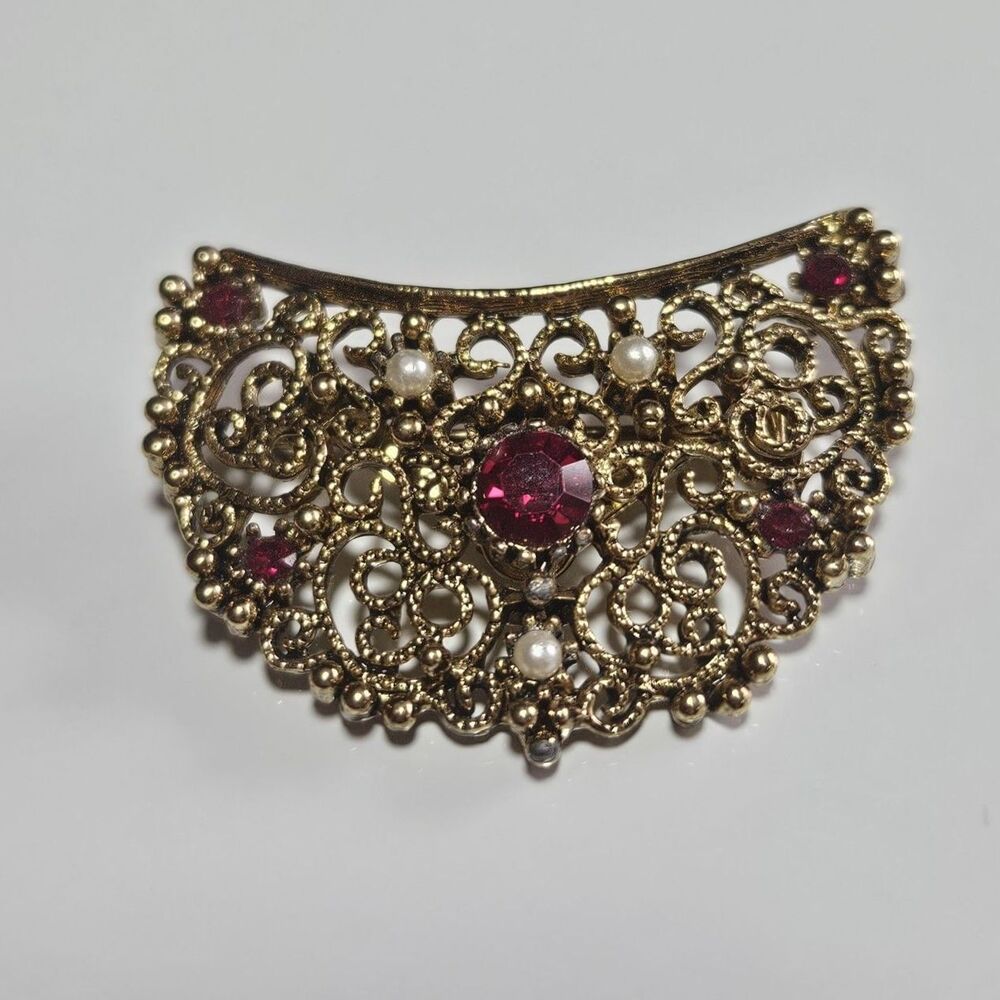 Vintage JJ Gold Tone Red Rhinestone Faux Pearl Accented Pin Brooch